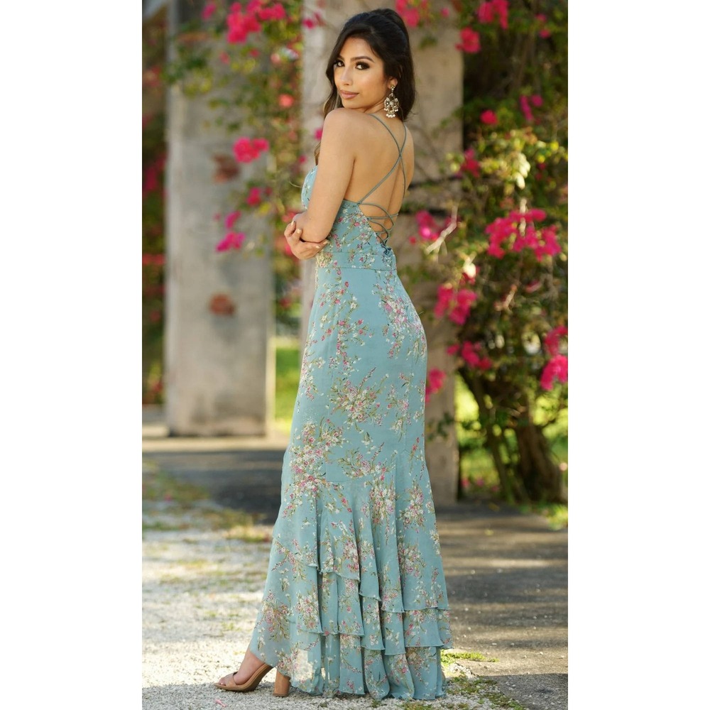 VELVI Greta Maxi Dress Womens Medium Green Floral Lace Up Ruffle Prom Cocktail‎